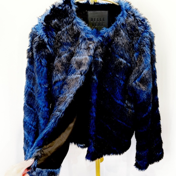 BELLE VERE dark blue layers faux fur coat jacket - Picture 4 of 6